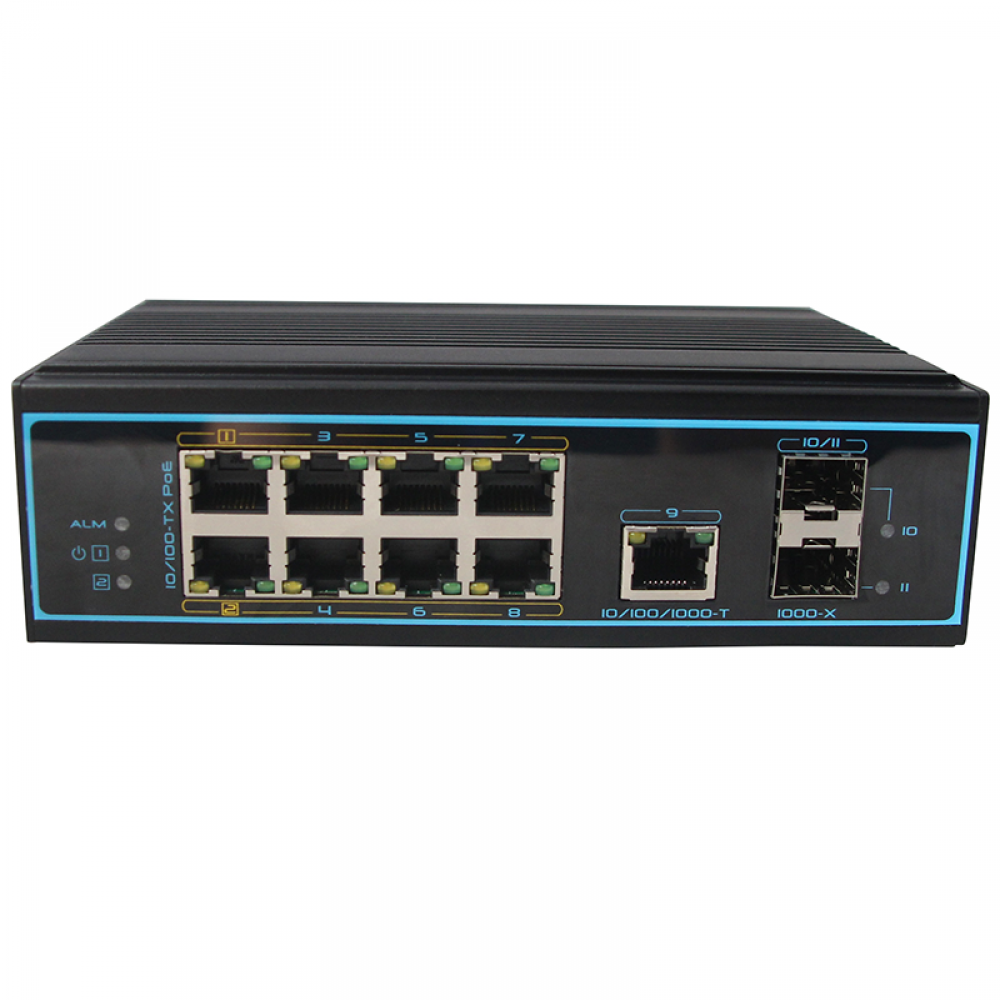 11 ports 250m 90W industrial PoE switch