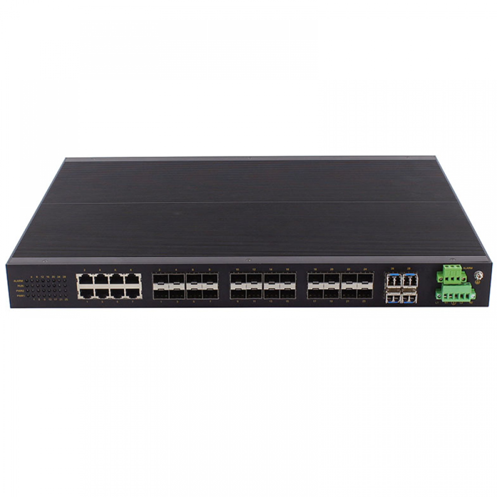 28 ports full Gigabit rack-mounted layer 2 managed industrial Ethernet switch with 8 gigabit Combo ports