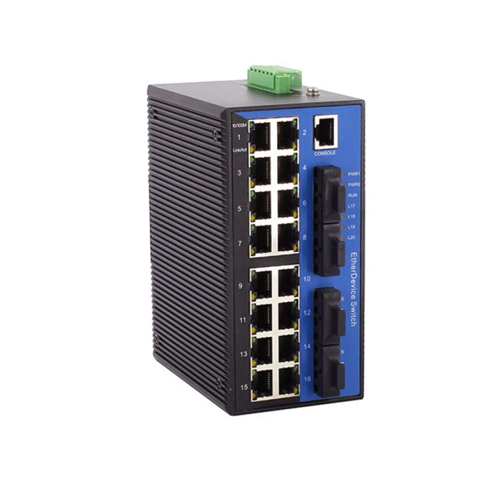 20 Ports 10/100Base layer 2 managed Din-rail industrial Ethernet switch with 4 fiber ports uplink