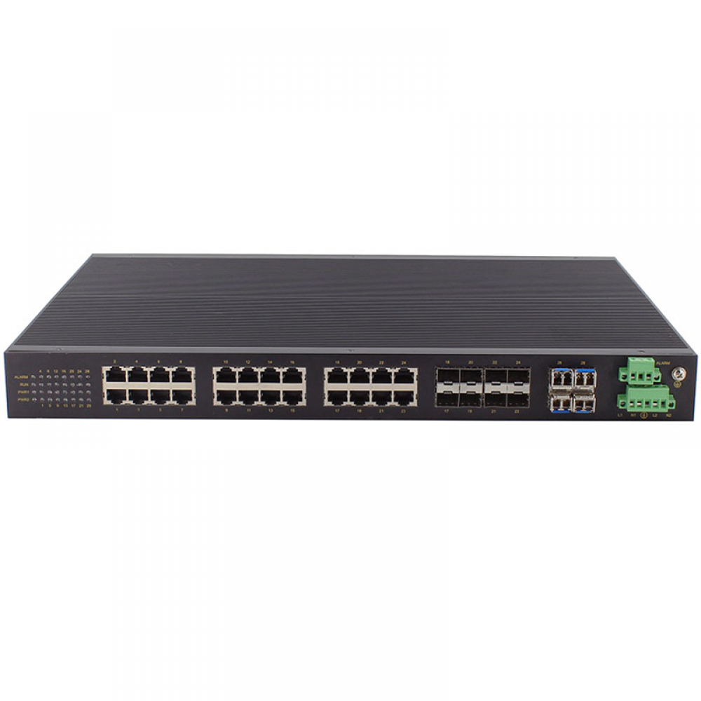 28 ports full Gigabit rack-mounted layer 2 managed industrial Ethernet switch with 8*Combo+4GF