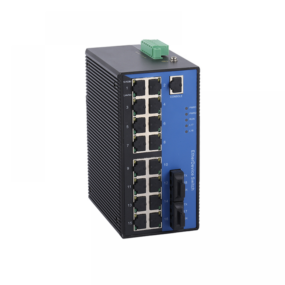 18 Ports 10/100Base layer 2 managed Din-rail industrial Ethernet switch with 2 fiber ports uplink