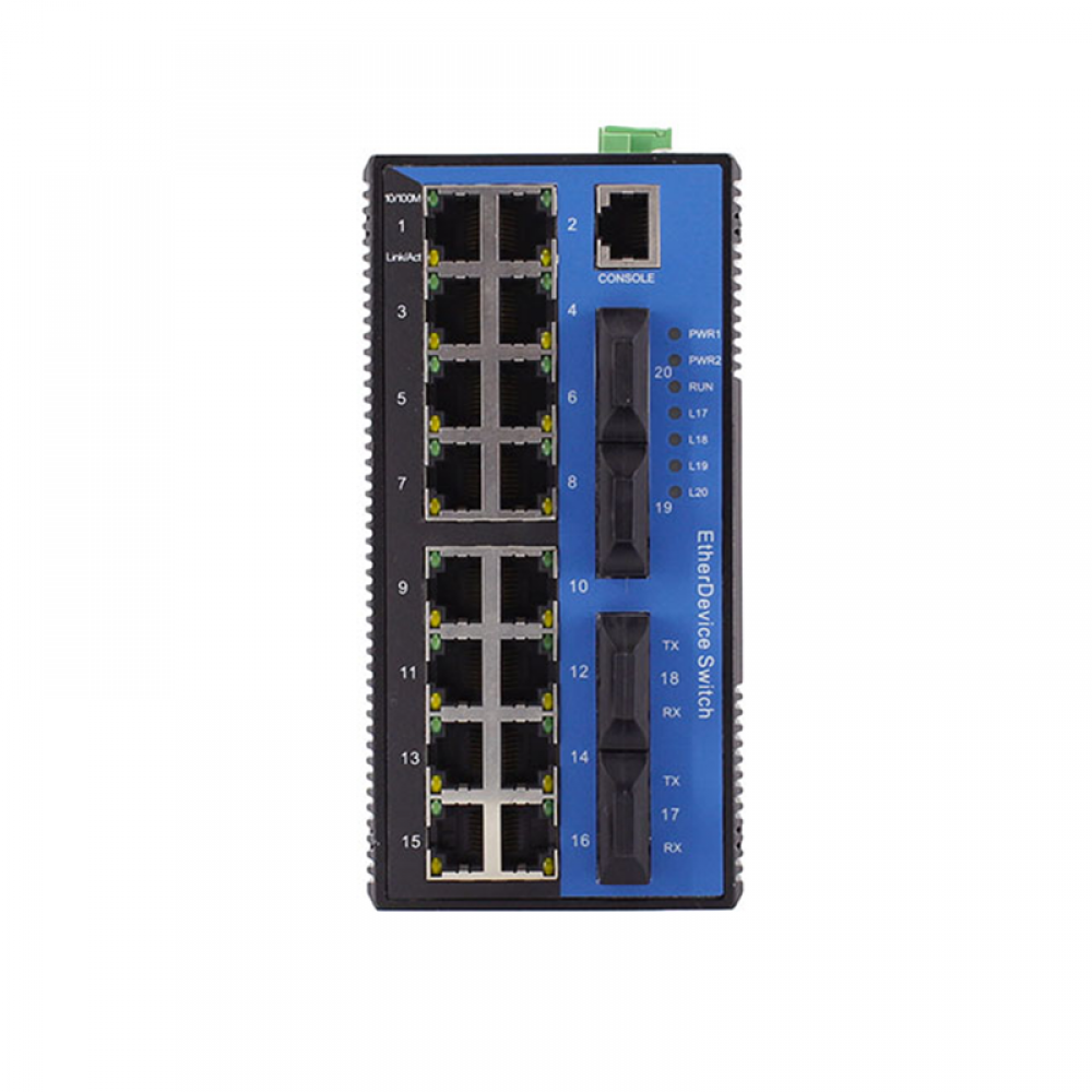 20 Ports 10/100Base layer 2 managed Din-rail industrial Ethernet switch with 4 fiber ports uplink