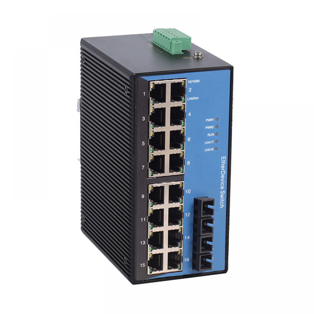 18 ports 10/100M Din-rail mounting unmanaged industrial Ethernet switch with 2x100M FX ports