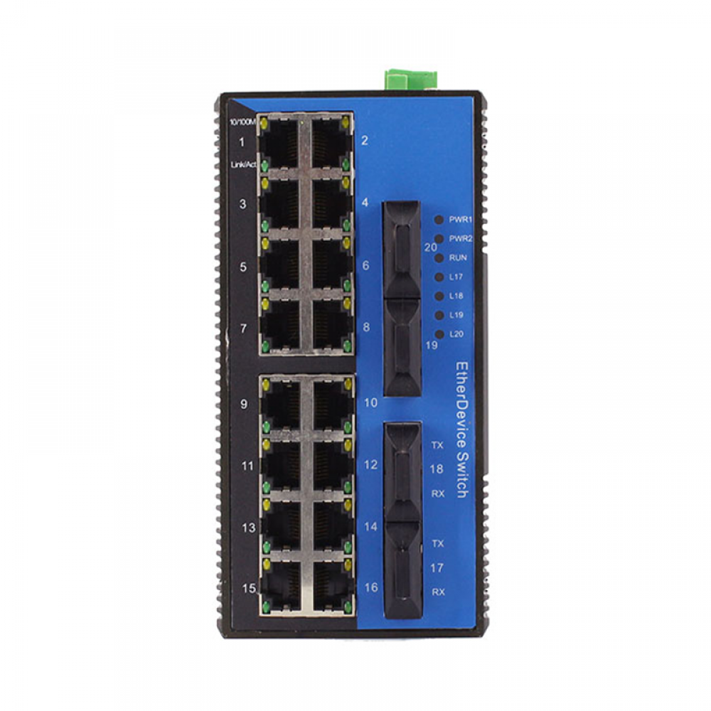 20 ports 10/100M Din-rail mounting unmanaged industrial Ethernet switch with 4x100M FX ports