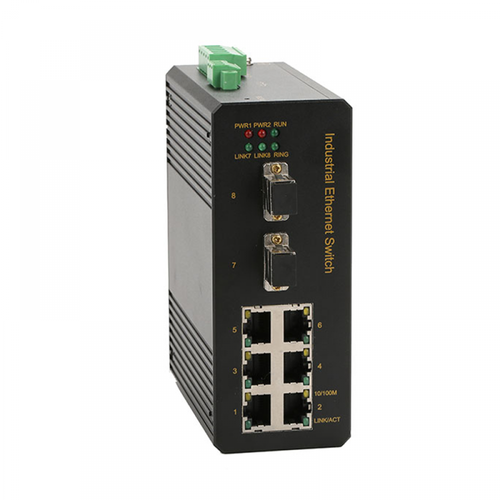 8 ports 10/100M Din-rail mounting unmanaged industrial Ethernet switch with 2x100M FX By-pass ports